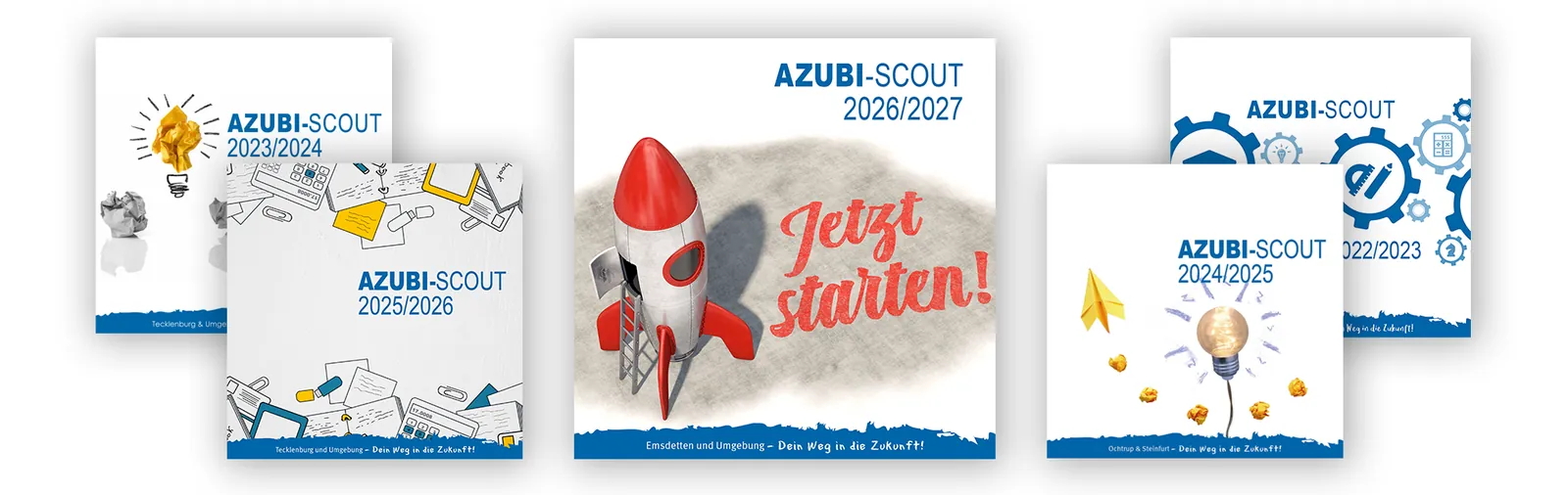 Titelseiten des Azubi-Scout aus mehreren Jahrgängen, vorn die Ausgabe 2026/2027 mit einer Rakete und dem Schriftzug „Jetzt starten!“